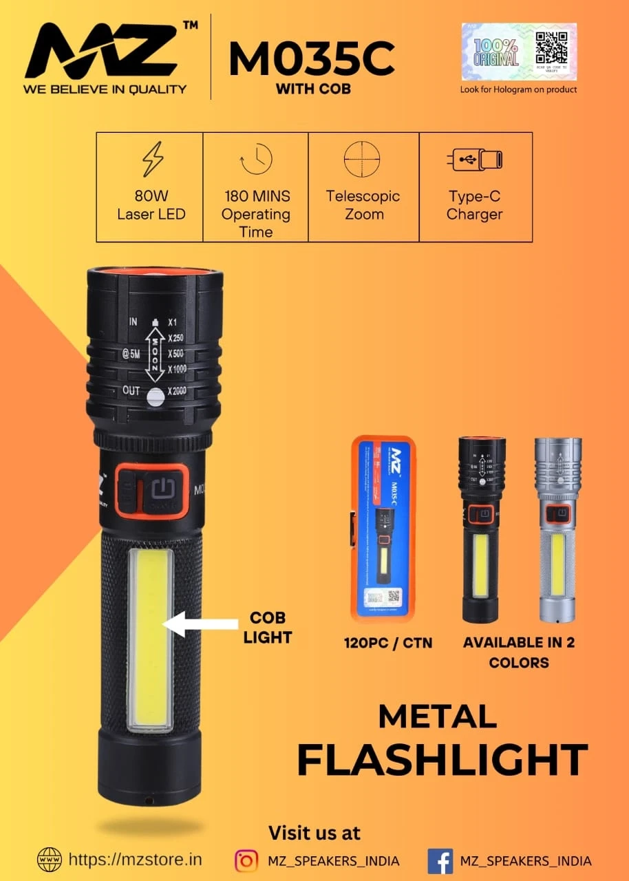 MZ 035C (ZOOMABLE LED METAL )5 Modes Flashlight, Super Bright Cree with COB Torch (Black, 13.5 cm, Rechargeable) - Image 5