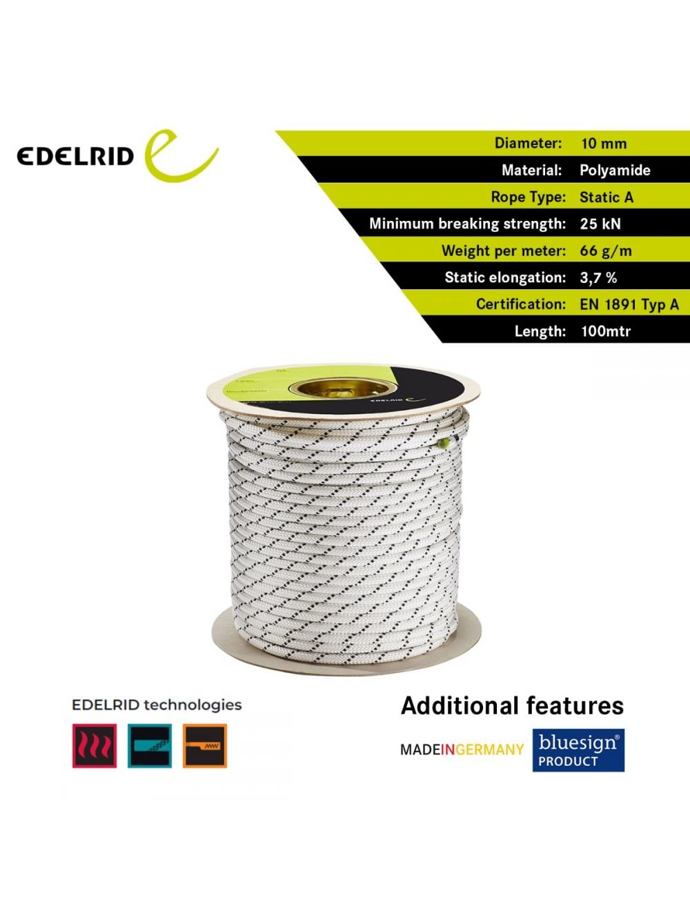 edelrid PERFORMANCE STATIC 10MM 100MTR (Static Ropes Static rope with high abrasion resistance and low elongation) - Image 3