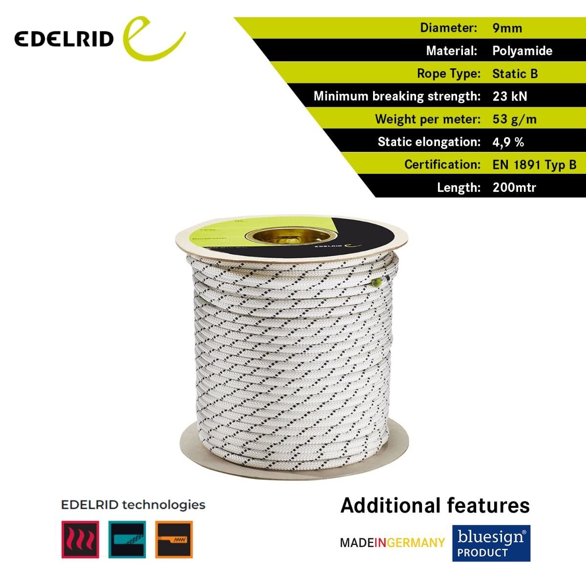 edelrid PERFORMANCE STATIC 9.0MM 200MTR (Static Ropes Static rope with high abrasion resistance and low elongation) - Image 5