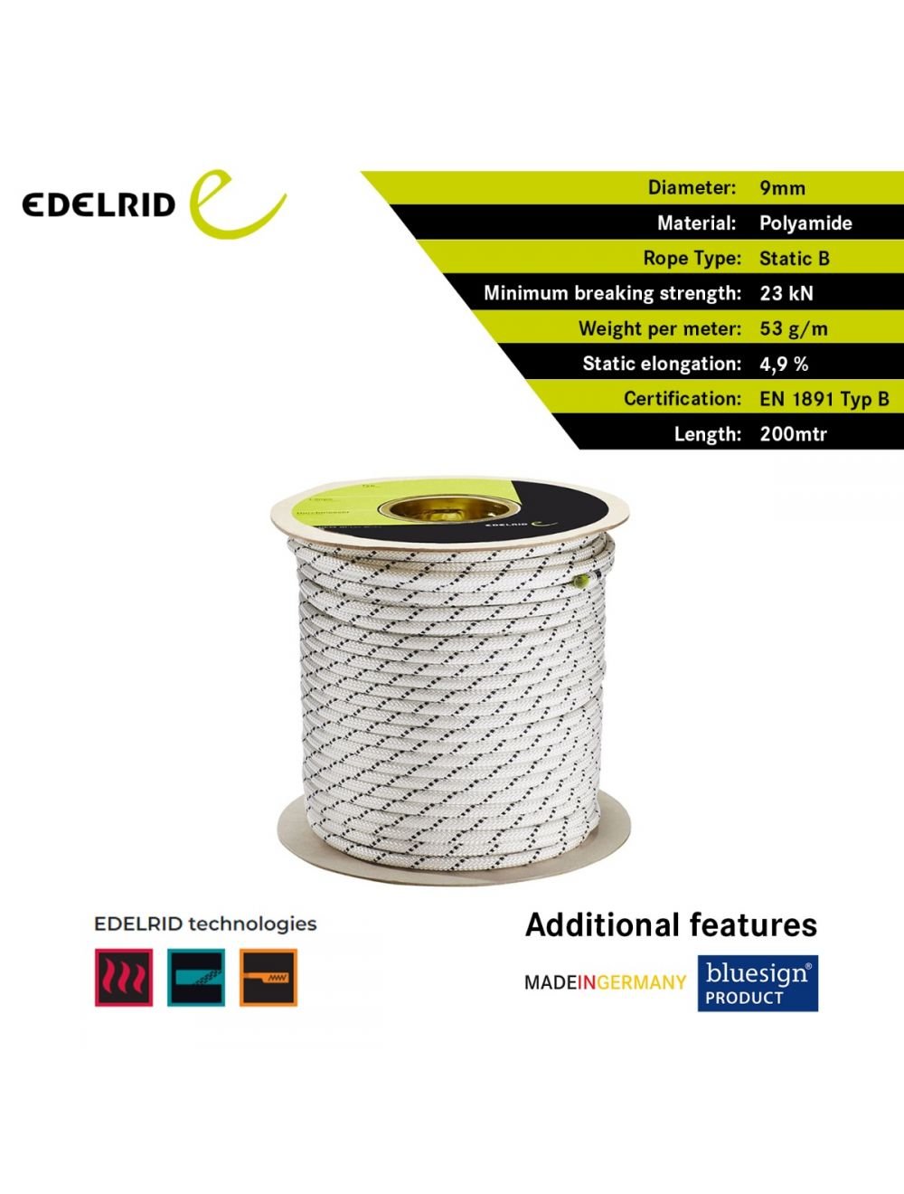 edelrid PERFORMANCE STATIC 9.0MM 100MTR (Static Ropes Static rope with high abrasion resistance and low elongation) - Image 5