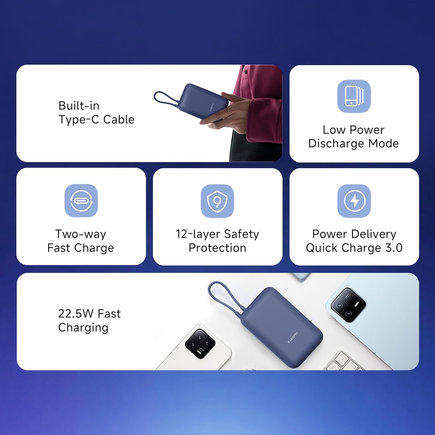 Xiaomi Pocket Power Bank 10000mAh 22.5W with Built-in Cable | Super Fast Charging PD |Smart 12 Layer Protection|Triple Output Ports|Supports Android,Apple, Tablets, Earbuds,Watch(MI Powerbank),Blue - Image 7