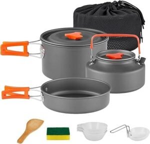 Camping Cookware Set – 11 Pcs Mess Kit with Non-Stick Pot, Pan, Kettle, Foldable Handles | Lightweight Outdoor Cooking Set for Camping, Hiking, Backpacking, Travel & Festivals